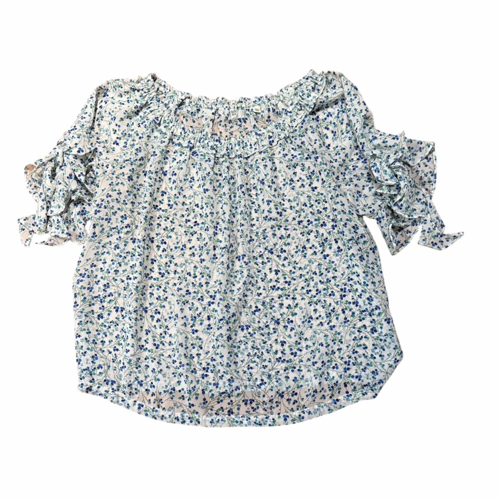 Floral Ruffle Blouse - Bow Tie Sleeves, Blue,Green,White,Yellow Size Medium